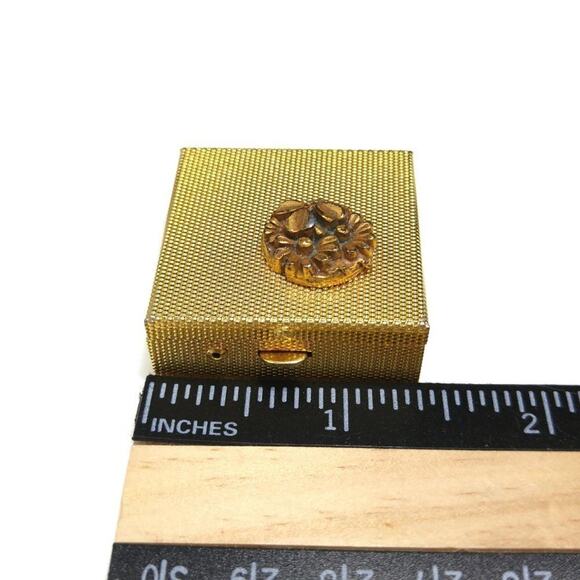 Vintage Flower Pill Box, Textured Gold Tone, Push Button Clasp, 1 3/8 Inches - Picture 5 of 10